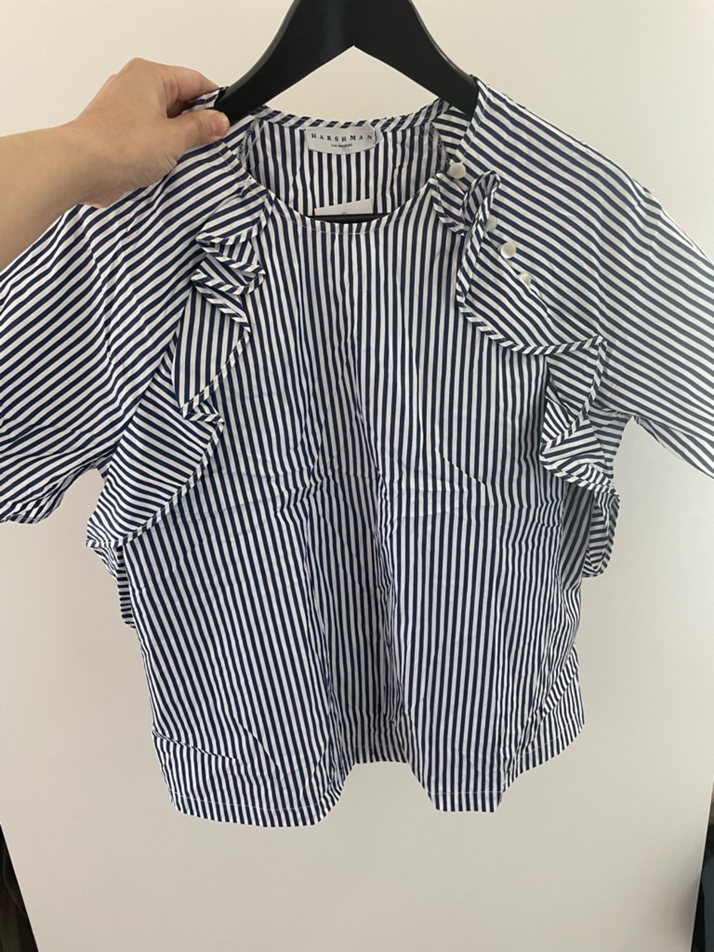 Harshman Navy & White Striped Ruffle Short-Sleeve Blouse